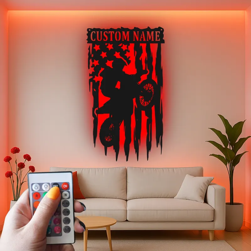 Personalized Motocross Metal Art | LED Dirt Bike American Flag Sign | Custom Name Wall Decor for Teen Boy Bedroom or Garage Gift