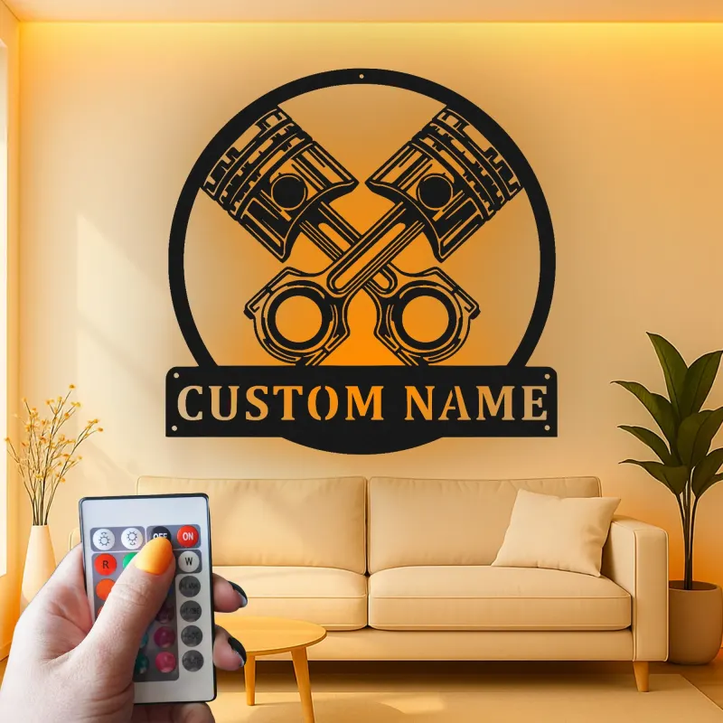 Panneau LED en métal de pistons croisés personnalisés | Décor de garage personnalisé | Idée cadeau pour mécanicien | Art mural automobile éclairé