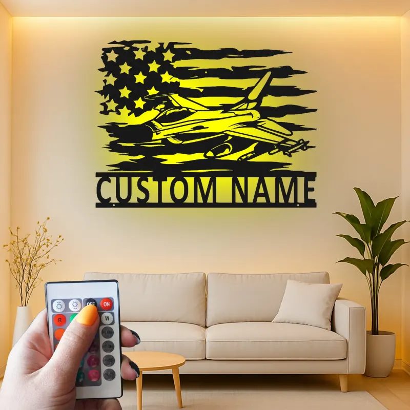 Custom Fighter Jet LED Metal Art | Personalized Military Pilot Gift | American Flag Wall Decor | Patriotic Man Cave Sign
