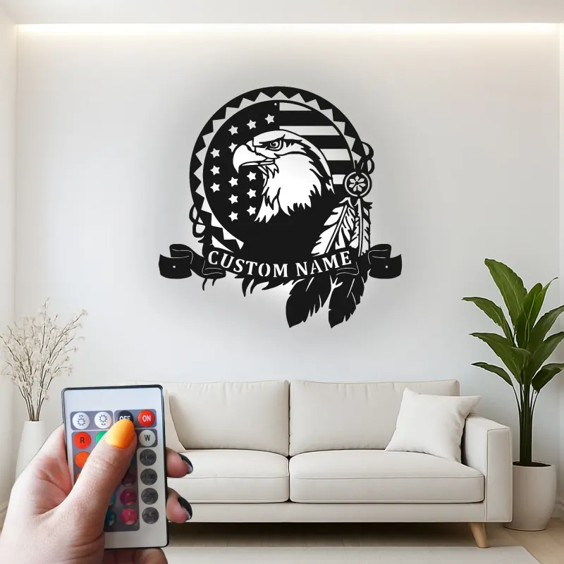 Custom Eagle American Flag Led Light Metal Wall Art Patriotic Gift for Veterans Office or Living Room Decor