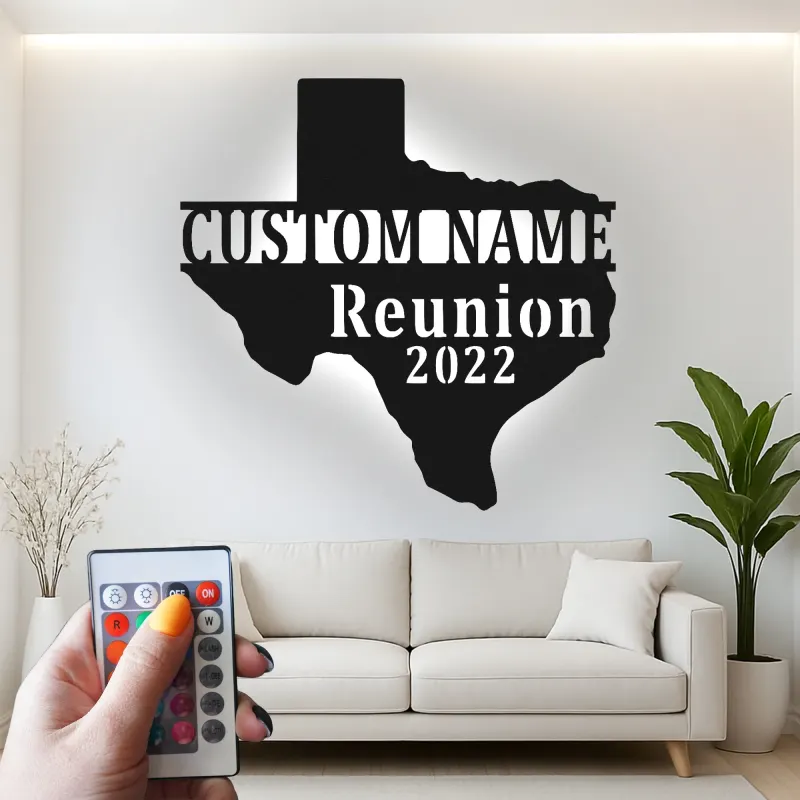 Enseigne en métal LED personnalisée Texas | Décoration murale pour réunion de famille personnalisée | Décor en silhouette d'état rustique