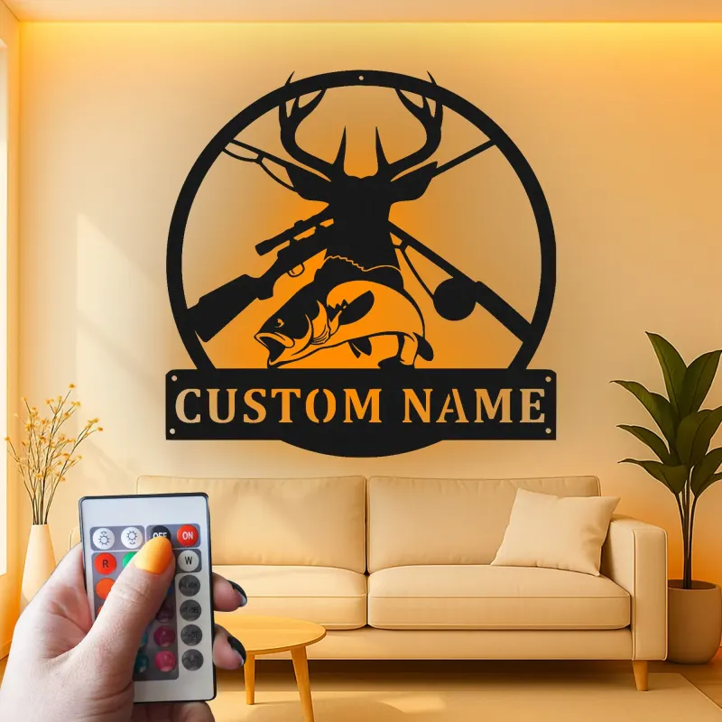 Custom Hunting and Fishing Led Light Metal Wall Art Personalized Gift for Outdoorsmen Man Cave Decor
