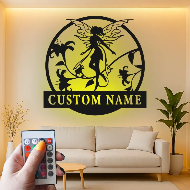 Insegna in metallo LED a forma di silhouette di fata personalizzata - Regalo per amanti delle fate, decorazione incantevole per camera da letto