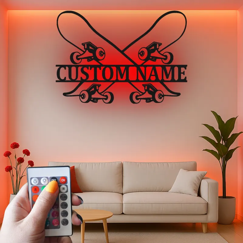 Panneau LED personnalisé avec skateboards croisés | Décoration murale skateur personnalisée | Déco chambre ado | Cadeau original pour board