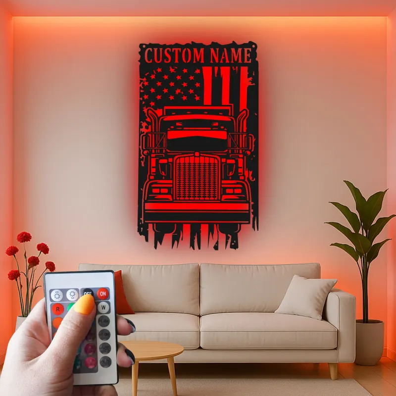 Décoration murale en métal LED personnalisée avec drapeau américain - Cadeau pour camionneurs, décoration de garage ou de coin masculin