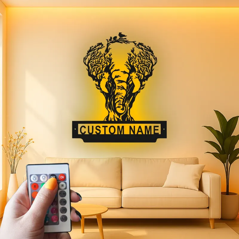 Cartel de metal LED de árbol de elefante personalizado, regalo de vida salvaje, decoración de sala de estar naturaleza