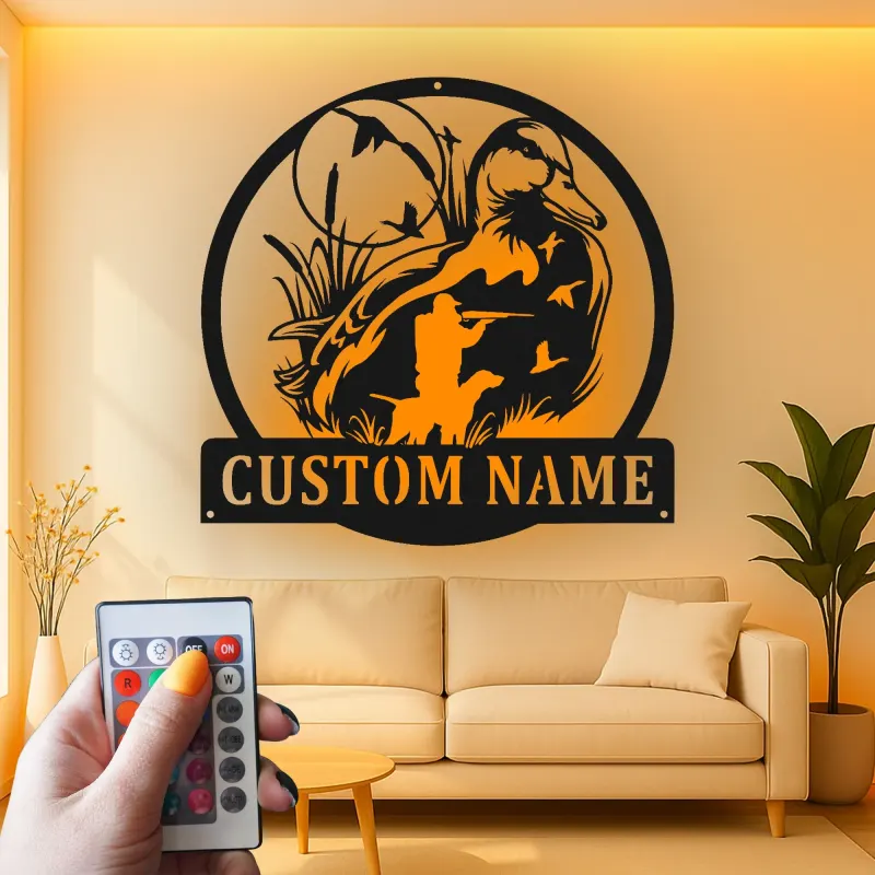 Insegna in metallo personalizzata con luce LED caccia anatre regalo per cacciatori decorazione per man cave o baita 1