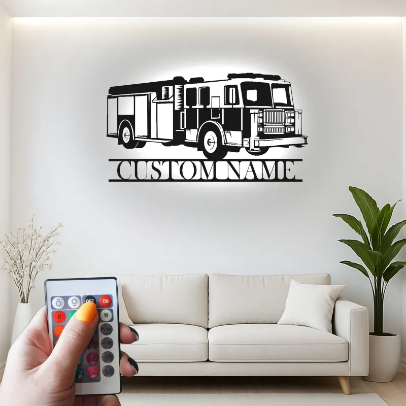 Insegna in metallo personalizzata con autopompa | Decorazione murale LED per vigili del fuoco | Decorazione su misura con nome per caserma | Regalo per pompiere