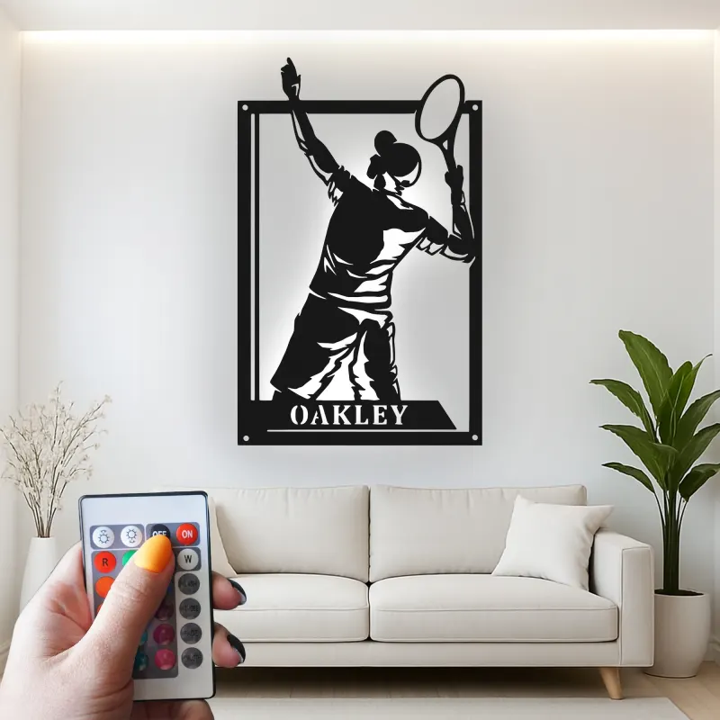 Personalized Tennis Player Metal Wall Art | Custom LED Name Sign for Game Room | Athlete Silhouette Decor