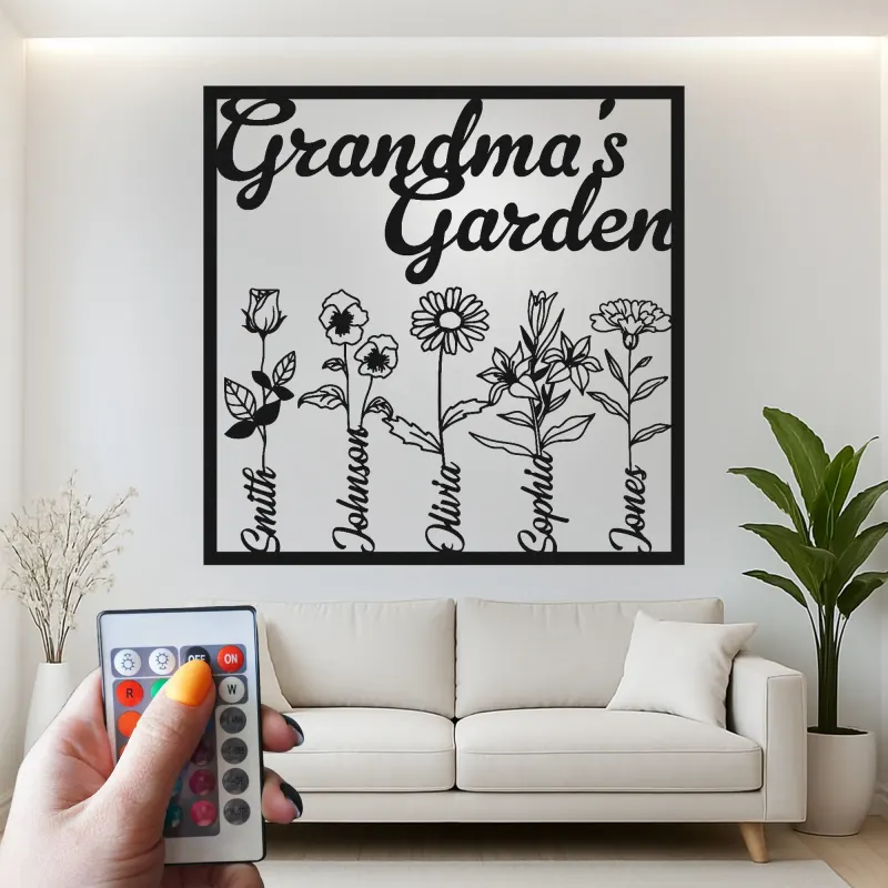 Personalisiertes Omas Garten Schild | Individuelle Metall-Wandkunst mit LED-Lichtern | Familienname-Dekoration | Geschenk für Oma