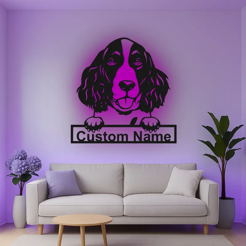 Cartel de metal LED de Springer Spaniel personalizado, regalo para amantes de perros, decoración de sala de estar