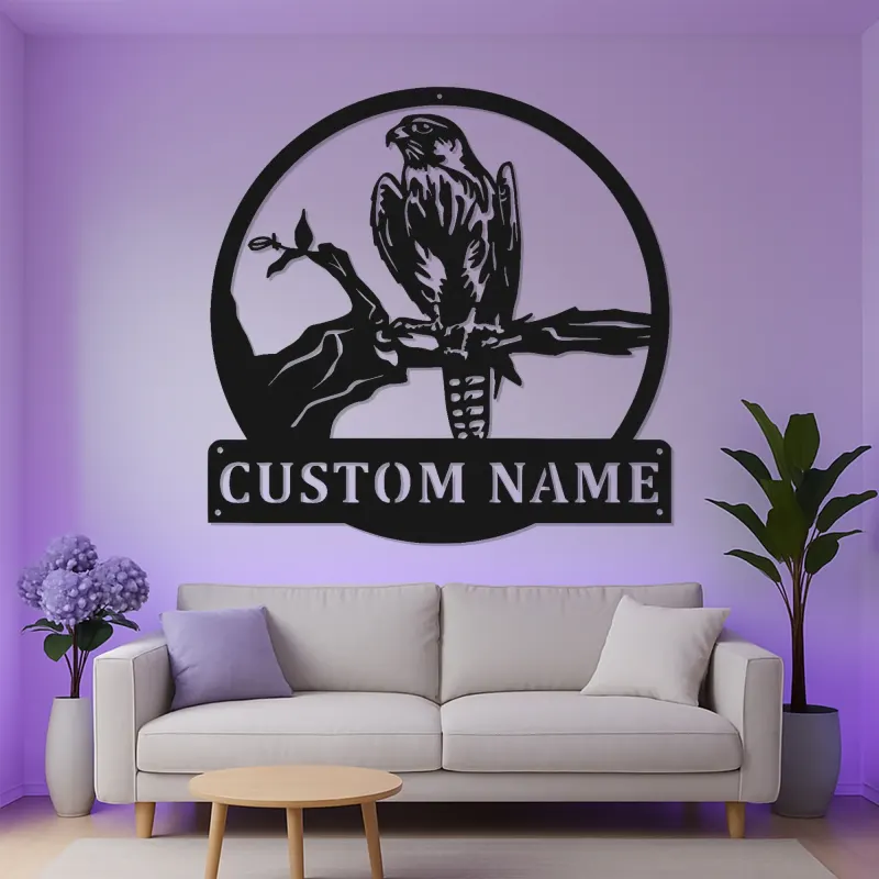 Insegna LED in metallo con falco personalizzata | Arte murale con rapace personalizzata | Decorazione retroilluminata per esterni e logo aziendale | Regalo per amanti della fauna