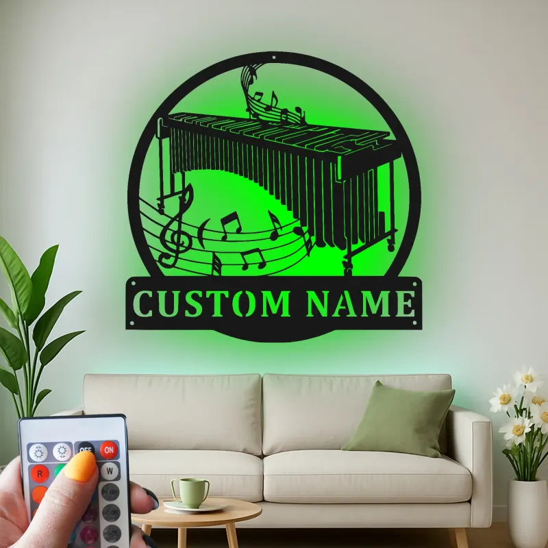 Decoración mural de metal personalizada con marimba | Letrero LED a medida para sala de música | Placa con nombre para músico | Decoración de estudio