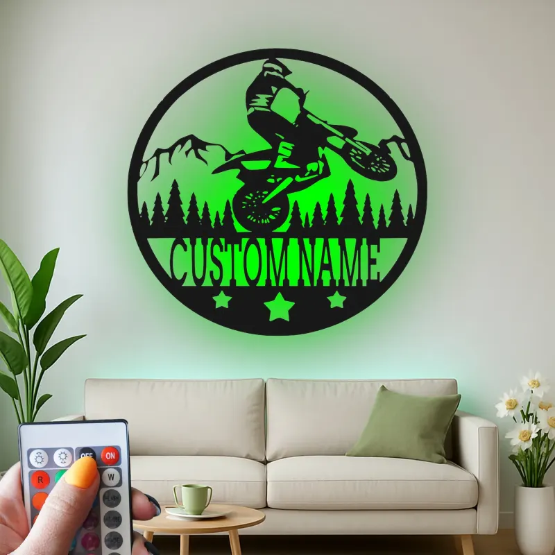 Cartel de metal LED personalizado de piloto de motocross regalo para entusiastas de motos de cross decoración de garaje o cueva de hombre 1