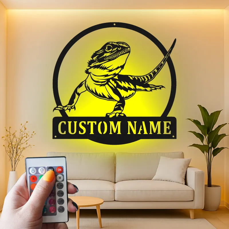 Insegna in metallo personalizzata con luci LED a forma di drago barbuto - Regalo per amanti dei rettili - Decorazione per camera da letto o soggiorno 1