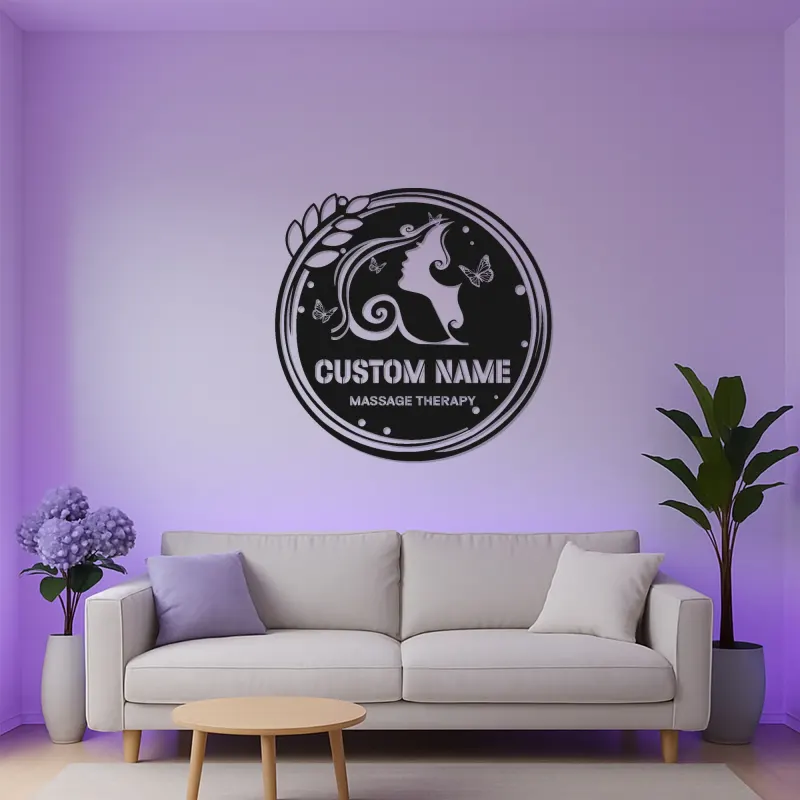 Insegna LED in metallo personalizzata | Arte murale con silhouette femminile | Logo aziendale retroilluminato per spa, centro massaggi, salone | Decorazione profilo donna farfalla