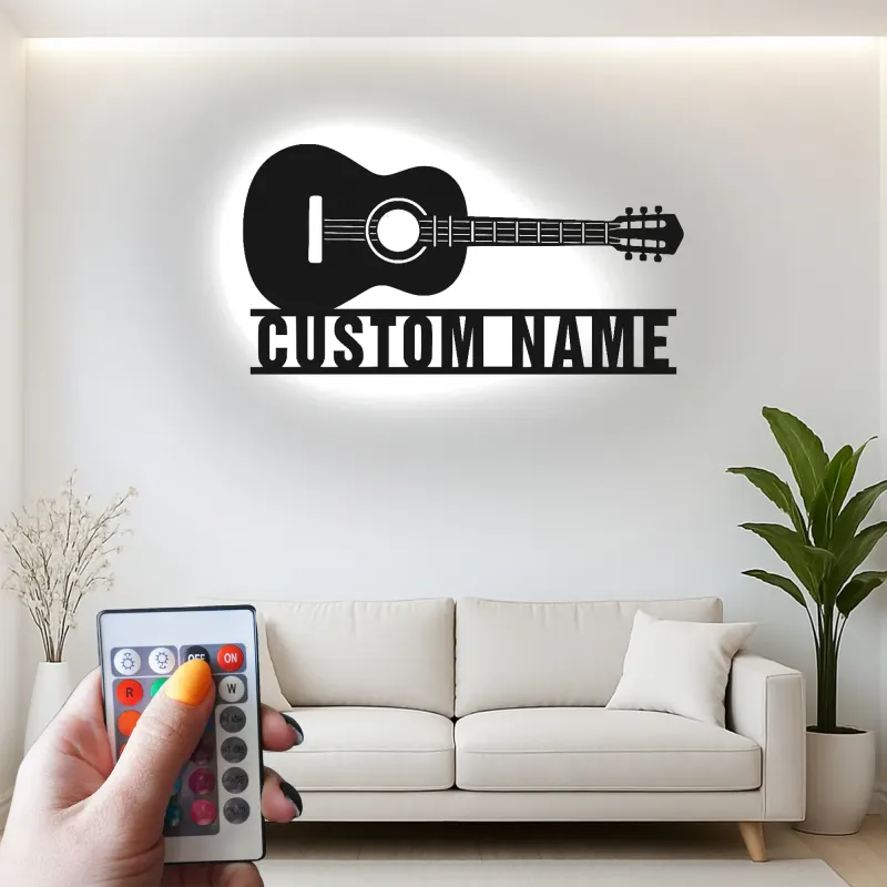 Enseigne guitare en métal personnalisée avec LED | Décoration murale prénom sur mesure pour studio de musique et cadeau musicien | Décor pour guitariste