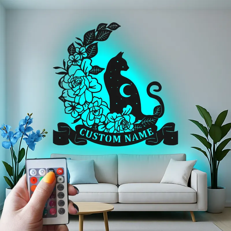 Décoration murale en métal personnalisée Chat et Fleurs avec rétroéclairage LED Cadeau pour amoureux des chats Décor de chambre ou de salon