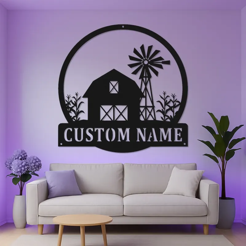 Panneau LED personnalisé de ferme | Décoration murale en métal personnalisée avec grange et éolienne | Décor rustique pour la maison familiale