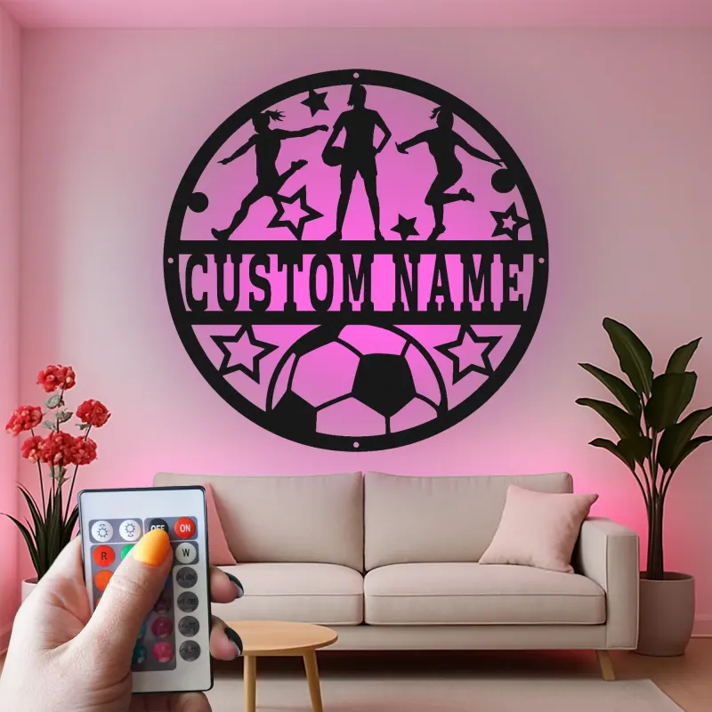 Panneau LED personnalisé pour équipe de football | Décoration murale en métal sur mesure pour filles | Cadeau pour joueuse ou entraîneuse