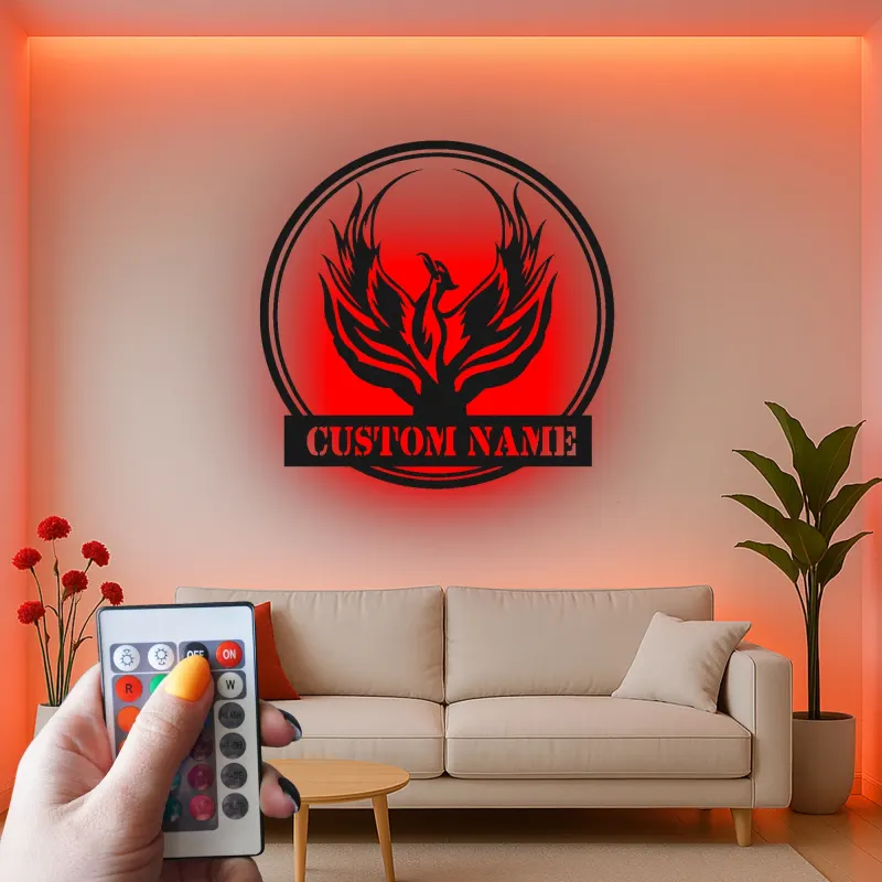 Phoenix Rising LED Metal Wall Art | Custom Name Firebird Sign | Mythical Home & Office Decor | Personalized Fantasy Lover Gift