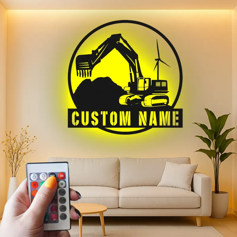 Personalisierte LED-Metall-Wandkunst mit Bagger – Geschenk für Bauprofis, Garagen- oder Bürodeko