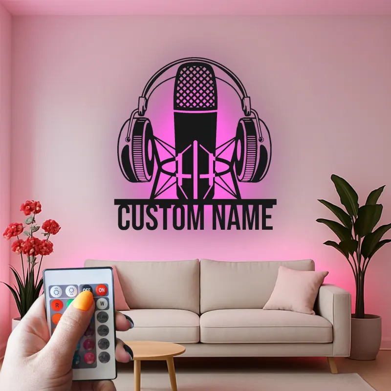 Custom Podcast Mic Sign | Personalized LED Metal Wall Art | Studio Decor for Podcaster & Musician Gift