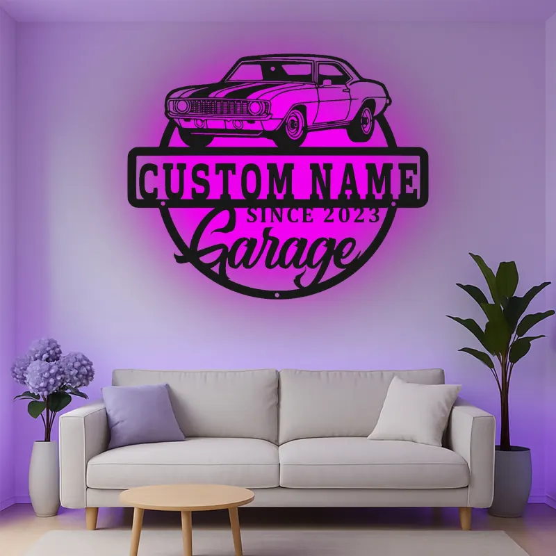 Insegna in metallo LED personalizzata per garage con auto muscolare regalo per appassionati di auto decorazione man cave 2