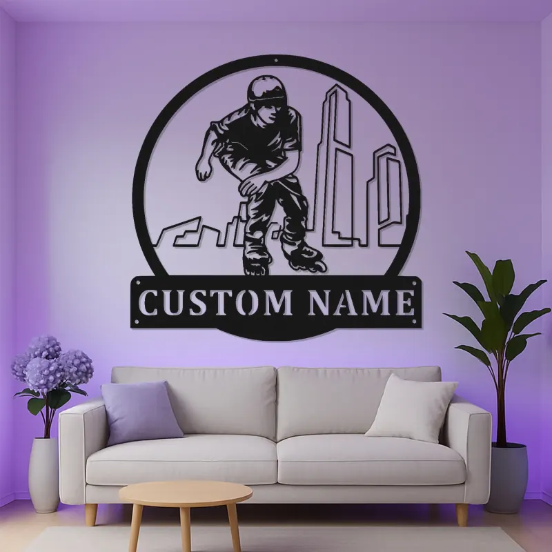 Cartel personalizado con nombre para patinador | Decoración mural LED de metal para patinaje en línea | Decoración personalizada para habitación juvenil | Regalo de patines con paisaje urbano