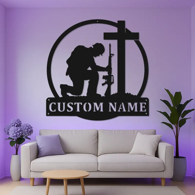 Kneeling Soldier Memorial Sign | Personalized LED Metal Wall Art | Custom Military Tribute Gift for Veterans