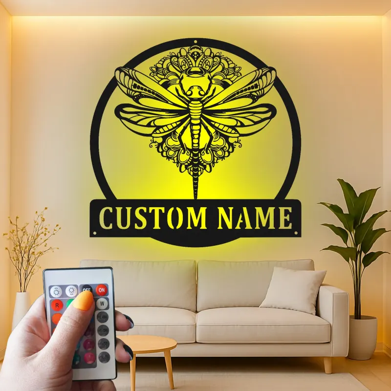 Cartel de metal personalizado con luz LED de libélula, regalo para amantes de la naturaleza, decoración para dormitorio o salón 1