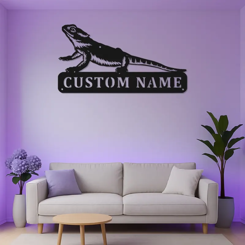 Personalisierte Metalltafel für Bartagame | LED-beleuchtete Reptil-Wandkunst | Individuelles Haustier-Schild | Einzigartiges Geschenk für Echsenliebhaber