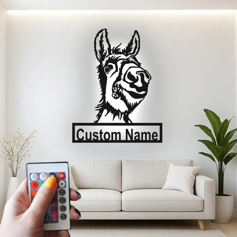 Personalisierte LED-Metall-Wandkunst mit Esel – Geschenk mit Bauernhoftier, rustikale Wohnkultur für Tierliebhaber