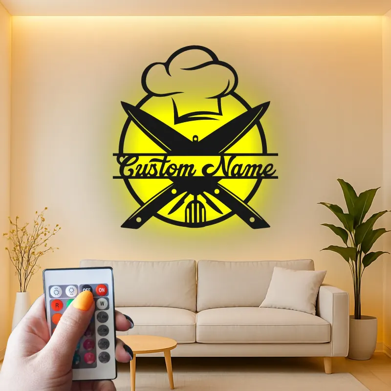 Décoration murale en métal personnalisée Chapeau de Chef et Ustensiles avec rétroéclairage LED
