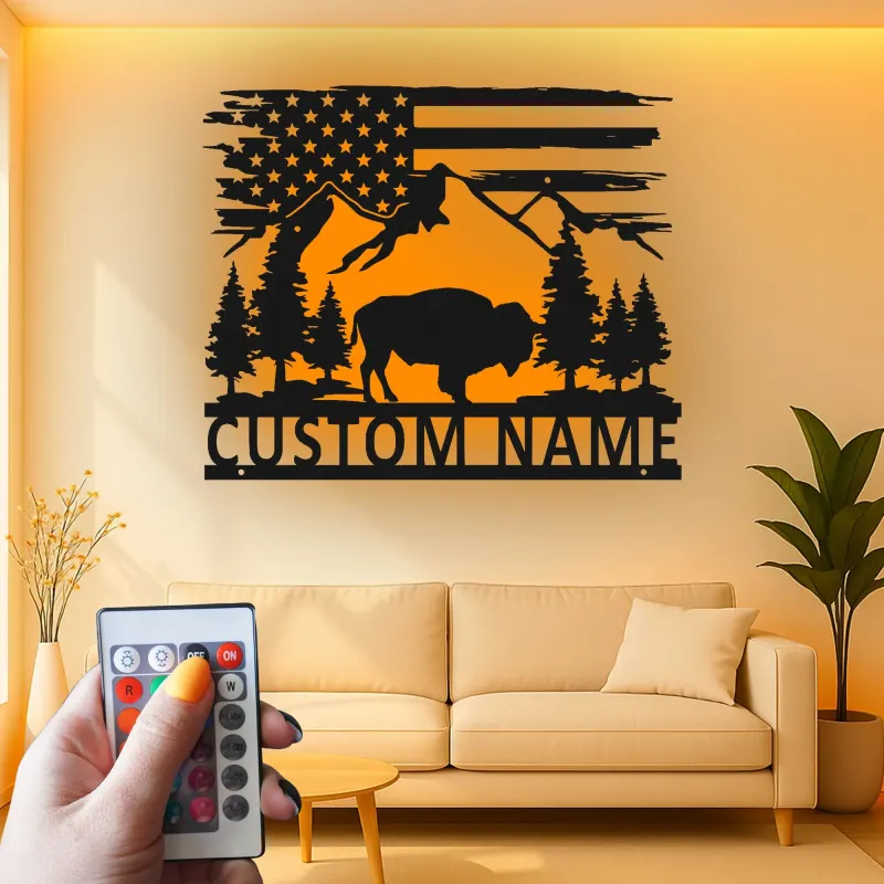 Custom Bison and Mountains Led Light Metal Wall Art Personalized Nature Lover Gift Rustic Cabin Decor