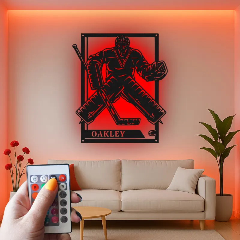 Personalized Hockey Goalie Metal Sign | LED Light Wall Art | Custom Name Decor for Game Room | Gift for Hockey Player