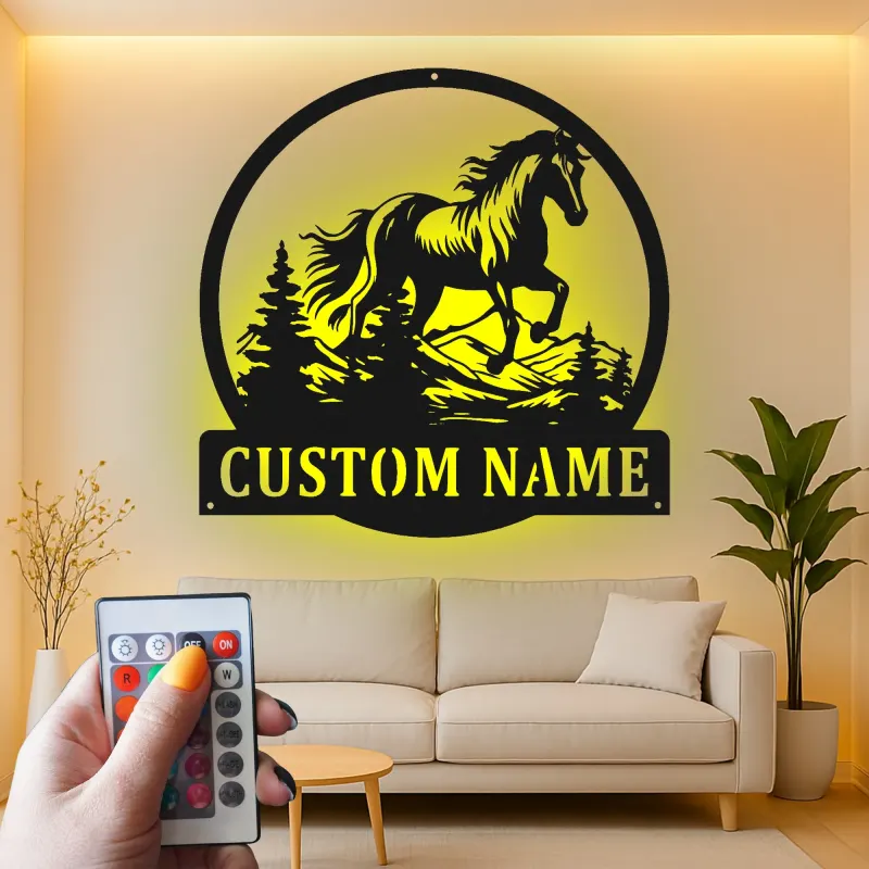 Insegna in metallo personalizzata con LED | Arte murale equestriana personalizzata | Regalo per amanti dei cavalli
