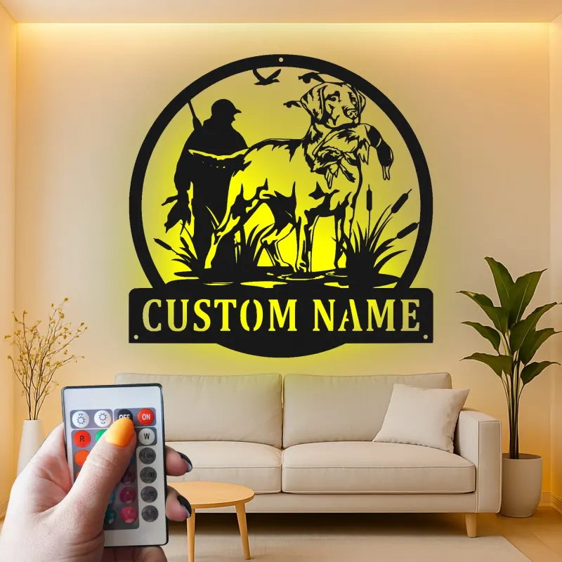 Duck Hunting Metal Sign | Personalized Labrador Retriever LED Wall Art | Custom Hunter Name Plaque for Cabin & Lodge Decor