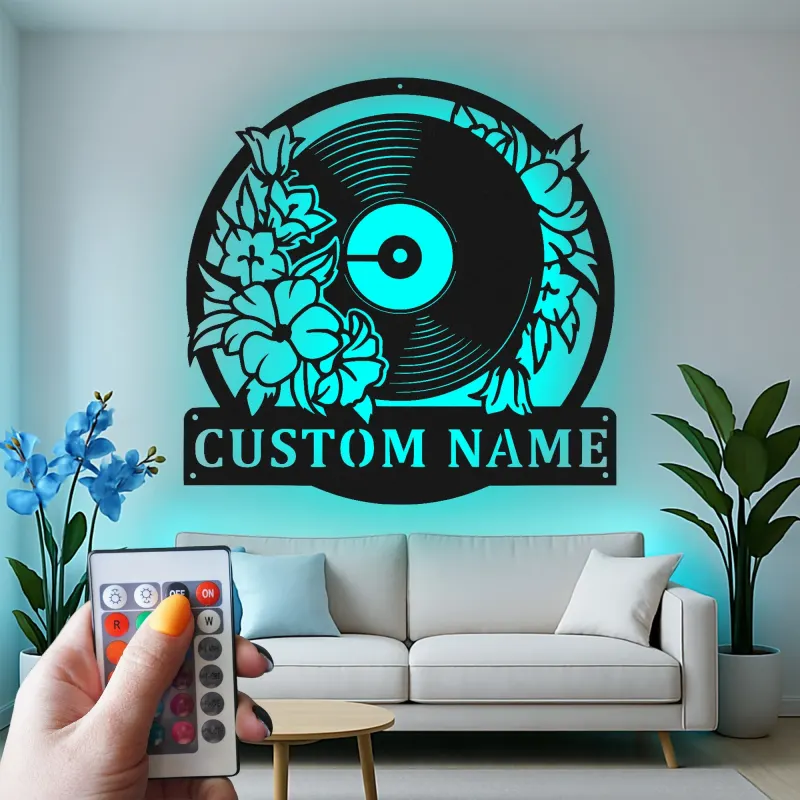 Insegna in metallo LED a forma di disco in vinile personalizzata, regalo per amanti della musica, decorazione per studio 2