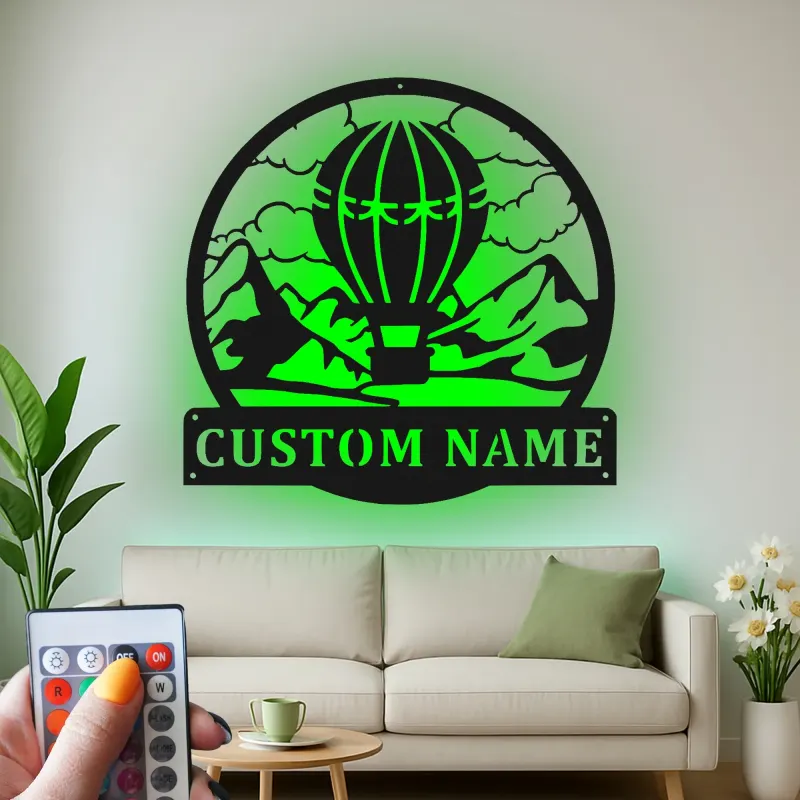 Panneau en Métal Montgolfière Personnalisé | Art Murale LED pour Nurserie | Décor d'Aventure et de Voyage Personnalisé