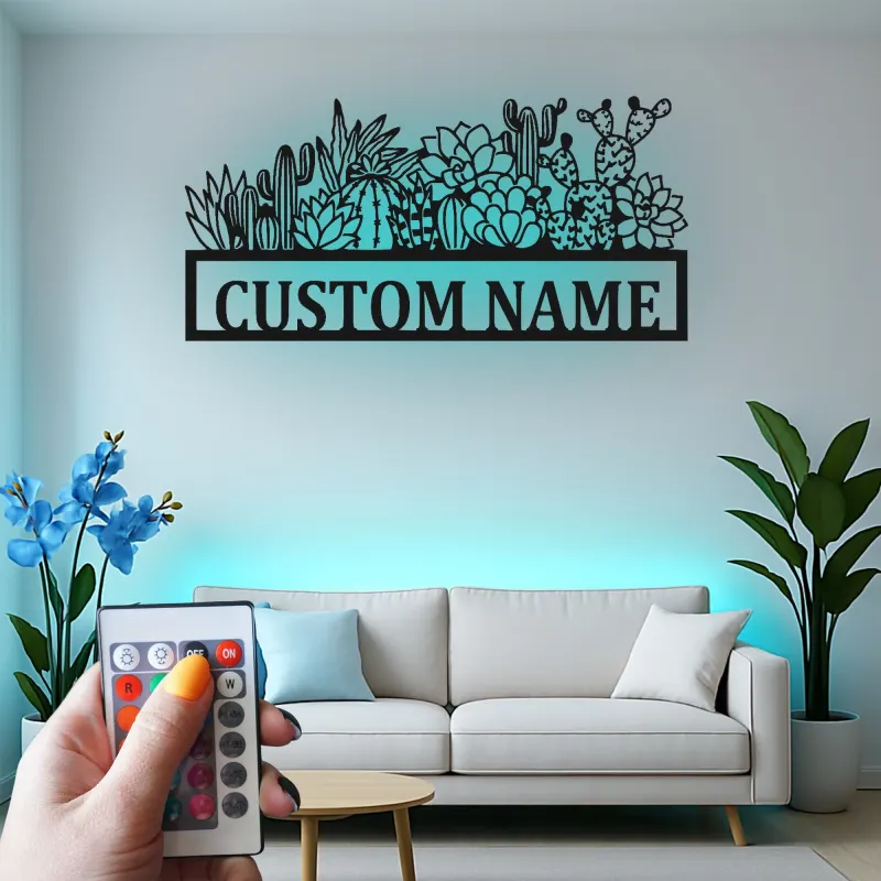Panneau en métal personnalisé Cactus avec LED | Décoration murale succulente personnalisée pour entreprise | Décor botanique boho désert pour salon ou studio