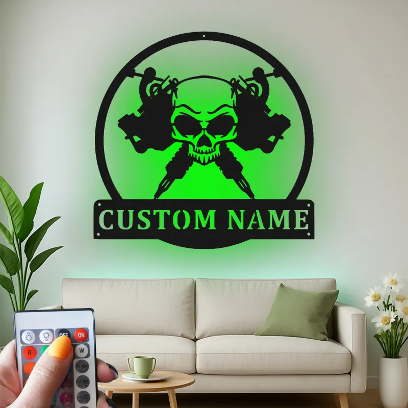 Tattoo Shop LED Sign | Personalized Skull Metal Art for Studios | Custom Tattoo Artist Name Wall Decor