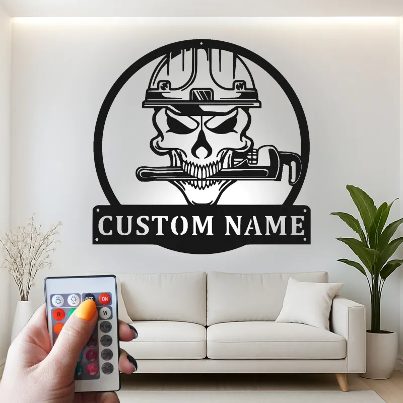 Individuelles Klempner Schädel LED Schild | Personalisierte Metall Wandkunst | Werkstatt Dekor & Garagengeschenk für Ihn | Industrielles Firmenlogo