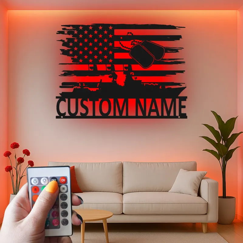 Personalized Navy Ship Metal Sign | Custom US Military Veteran Wall Art | American Flag LED Decor | Patriotic Gift for Him