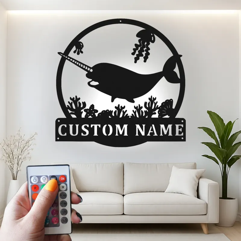 Personalized Narwhal Metal Sign | LED Nursery Night Light | Custom Ocean Theme Wall Art | Kids Room Decor