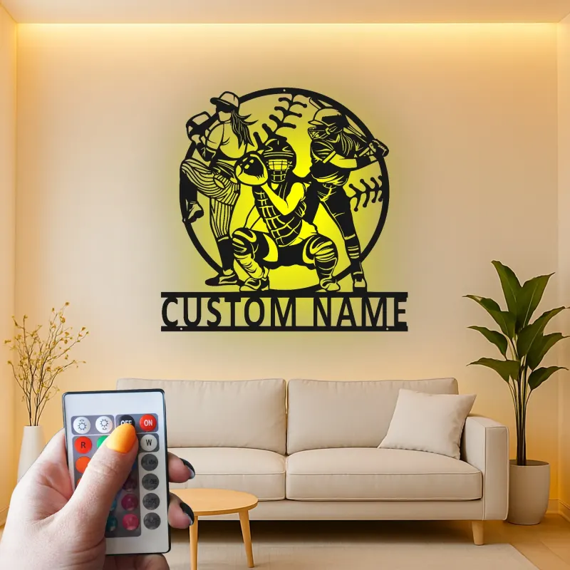 Insegna con Nome Personalizzato per Softball | Arte in Metallo LED | Regalo per Giocatore Personalizzato | Decorazione per Stanza Sportiva