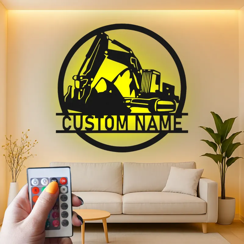 Cartel de metal LED personalizado de excavadora para regalo de construcción para él, decoración de garaje u oficina 1