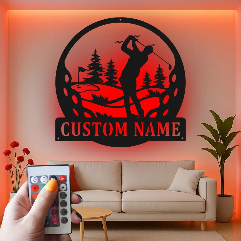 Decoración mural de metal LED de golf personalizada | Cartel con nombre de golfista para cueva masculina | Regalo decorativo retroiluminado para él