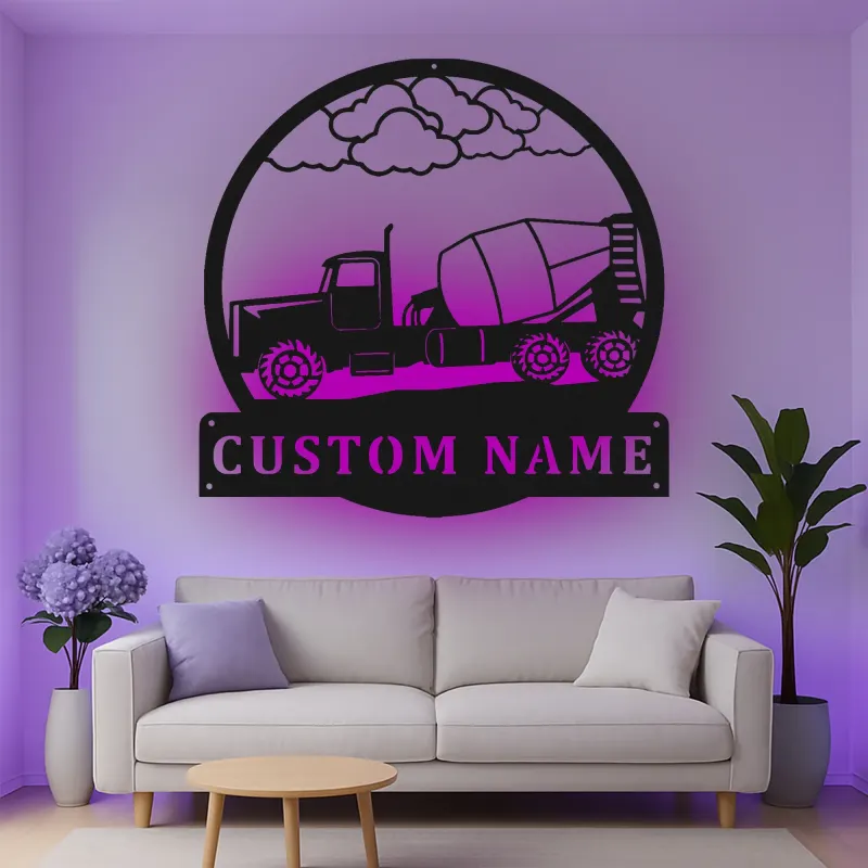 Décoration murale en métal personnalisée avec éclairage LED de camion de bétonnière - Cadeau de construction pour lui, décoration de garage ou d'atelier