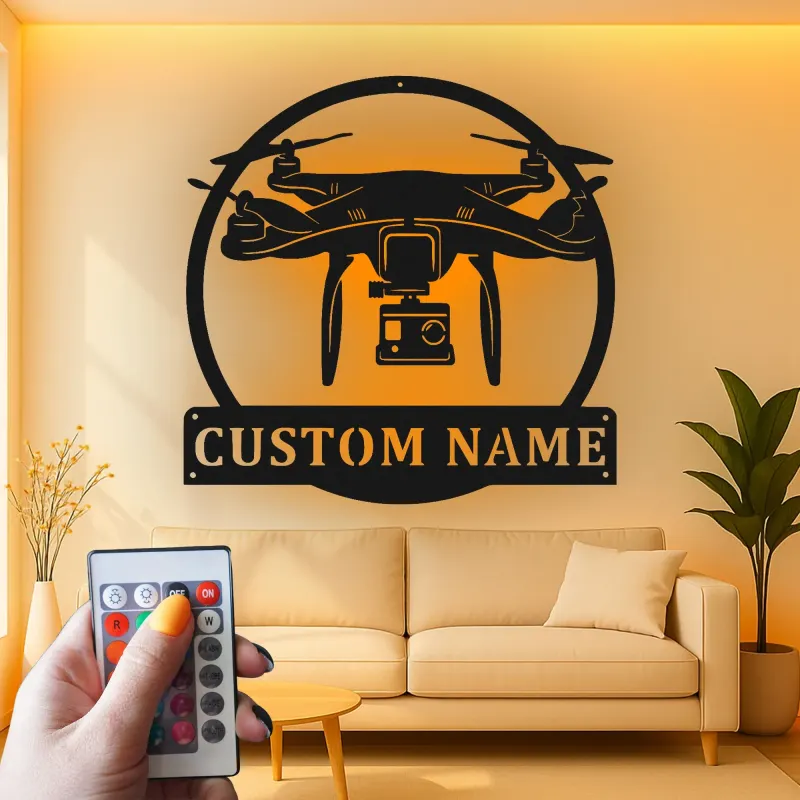 Personalisierte LED-Metall-Wandkunst mit Drohnenmotiv – Geschenk für Drohnenfans, Büro- oder Studio-Deko 1